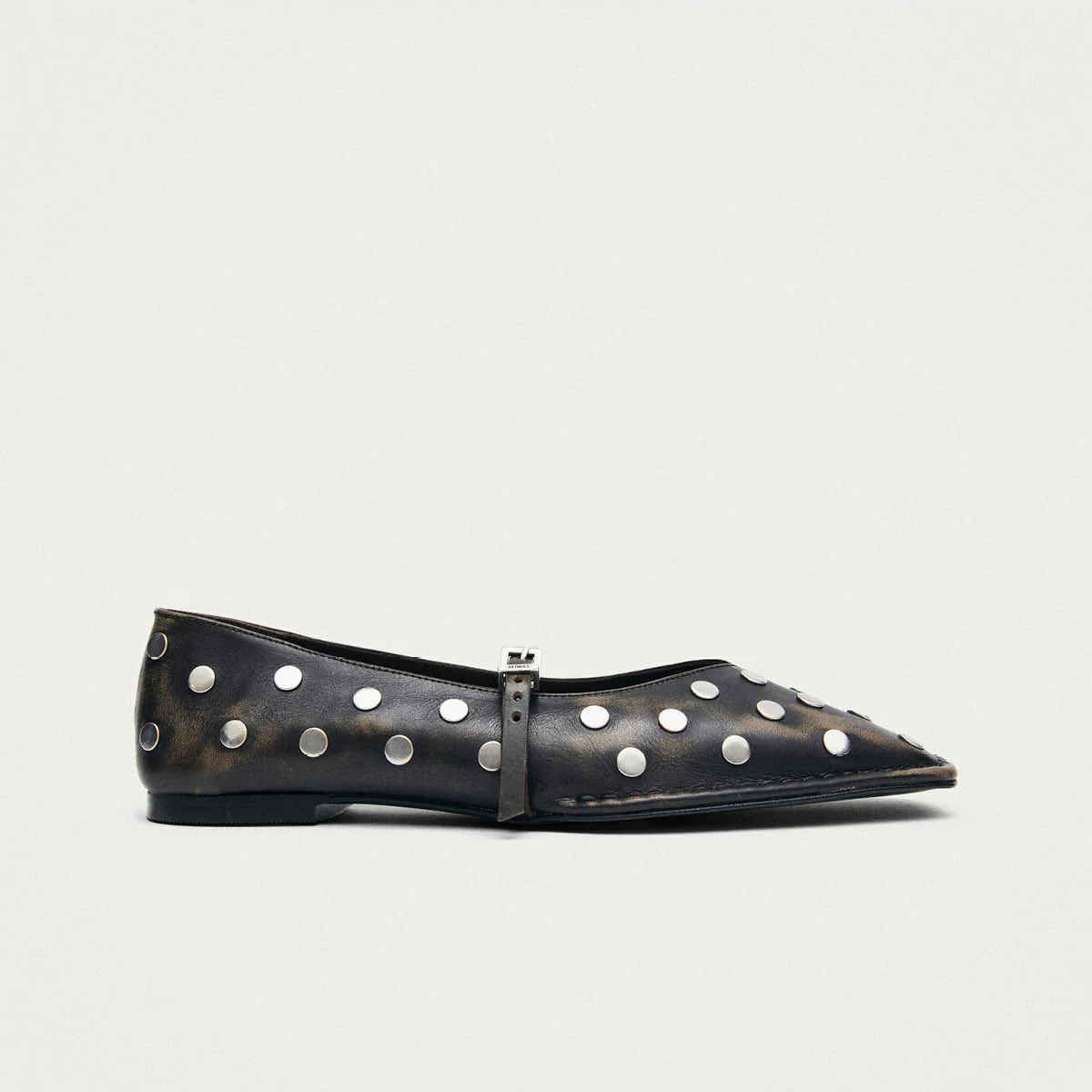 Sway All Studs Vintage Effect Dark Brown Leather Ballet Flats - Image 3